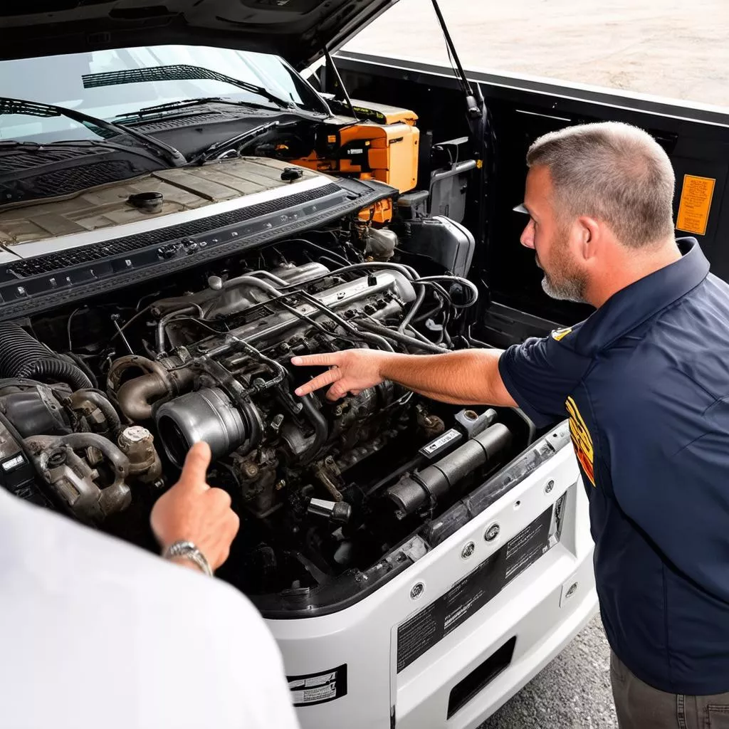 Tài xế cho khách hàng xem động cơ