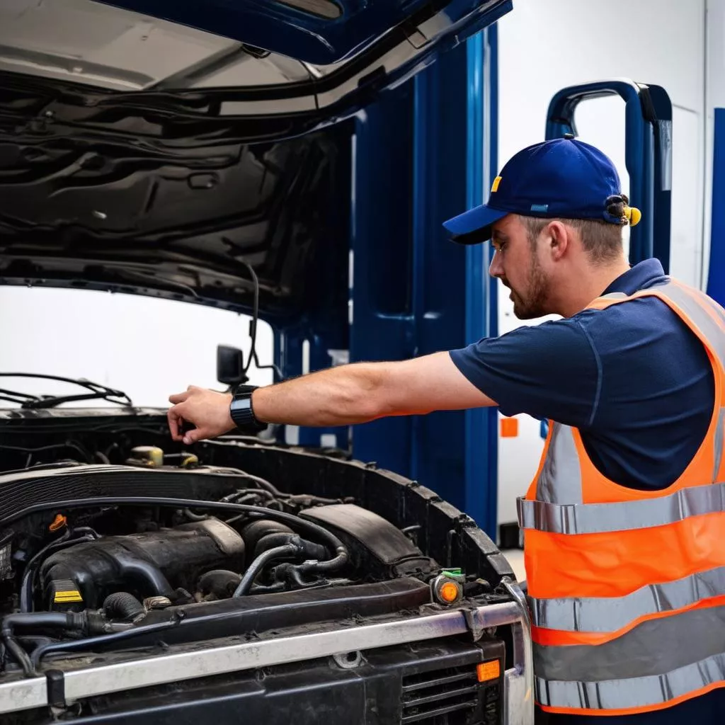 Tài xế đang kiểm tra động cơ xe tải