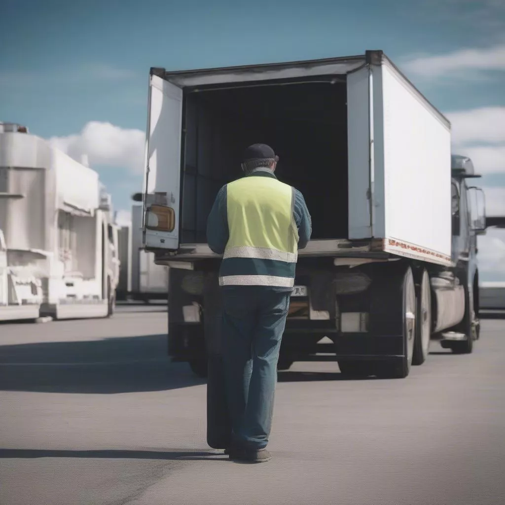 Driver inspecting truck before departure