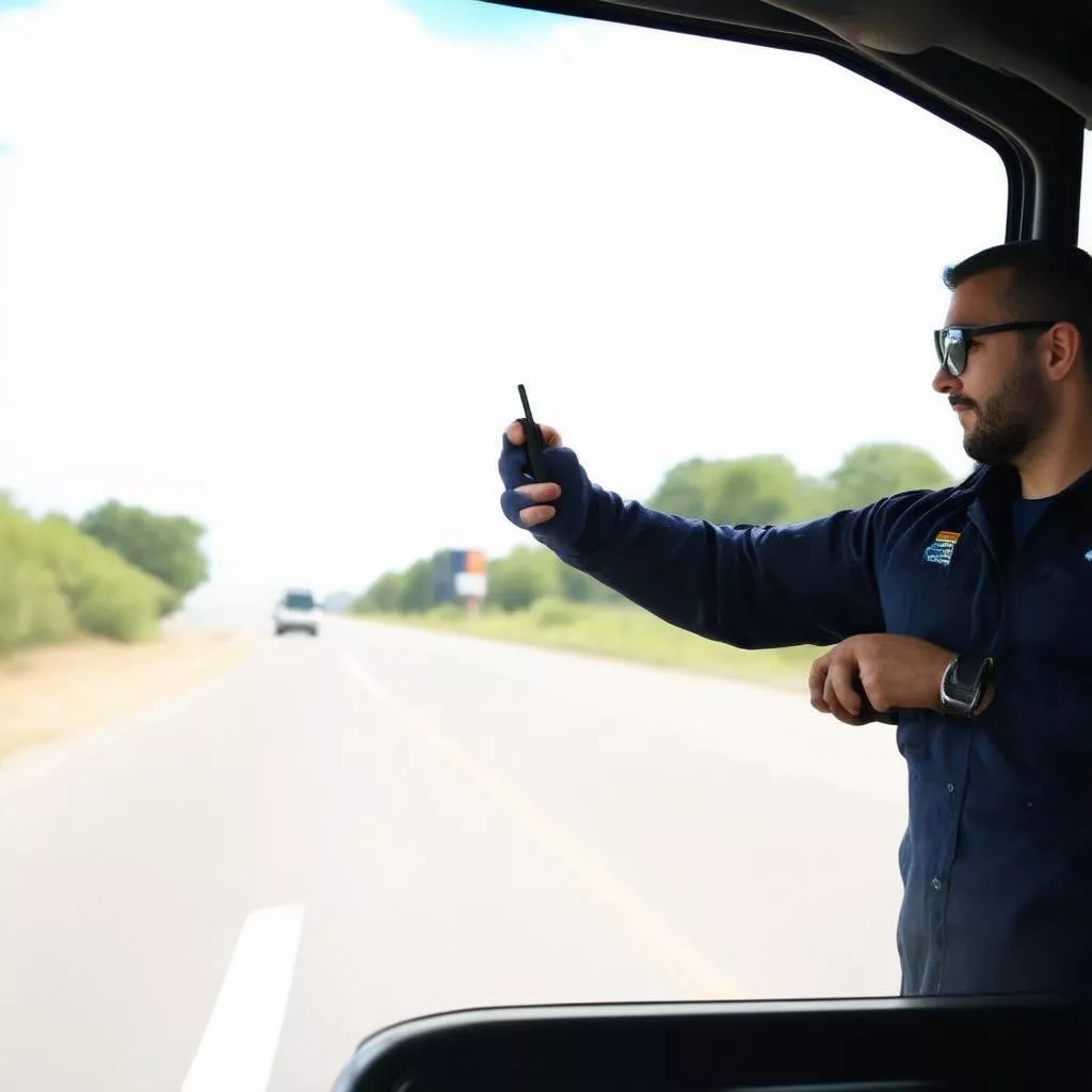 Tài xế xe tải đang kiểm tra xe