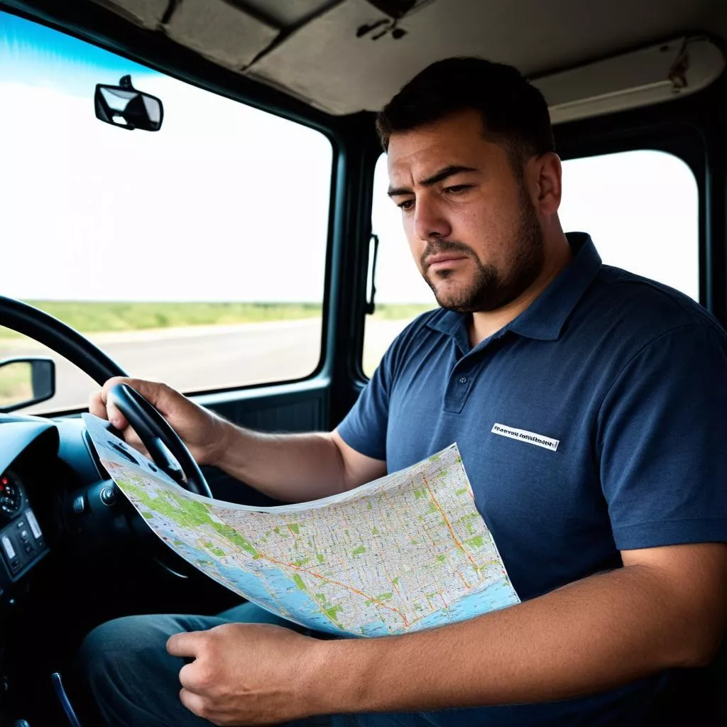 Tài xế xe tải đang xem bản đồ