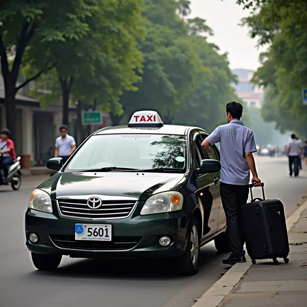 Hình ảnh taxi biển số 5601 đang đón khách tại khu vực Hồ Hoàn Kiếm