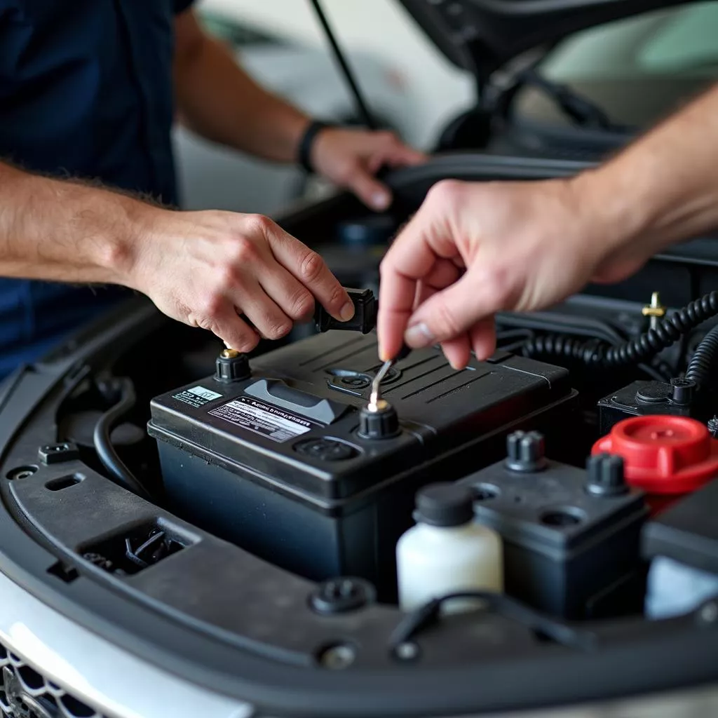 Hình ảnh kỹ thuật viên đang thay bình ắc quy cho xe Kia Morning