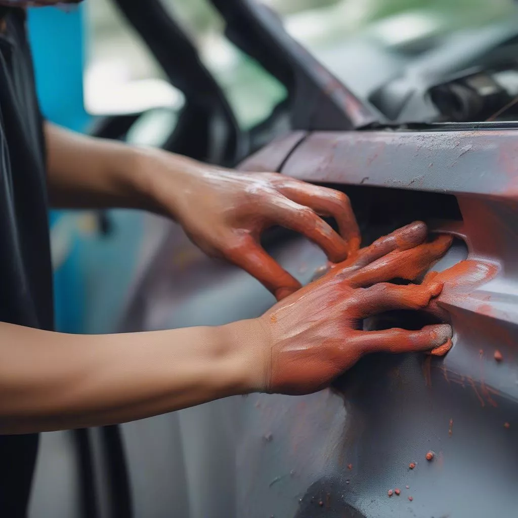作業中の自動車塗装工
