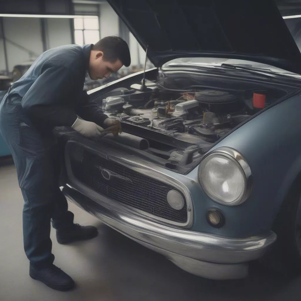 मैकेनिक कार की जाँच करते हुए