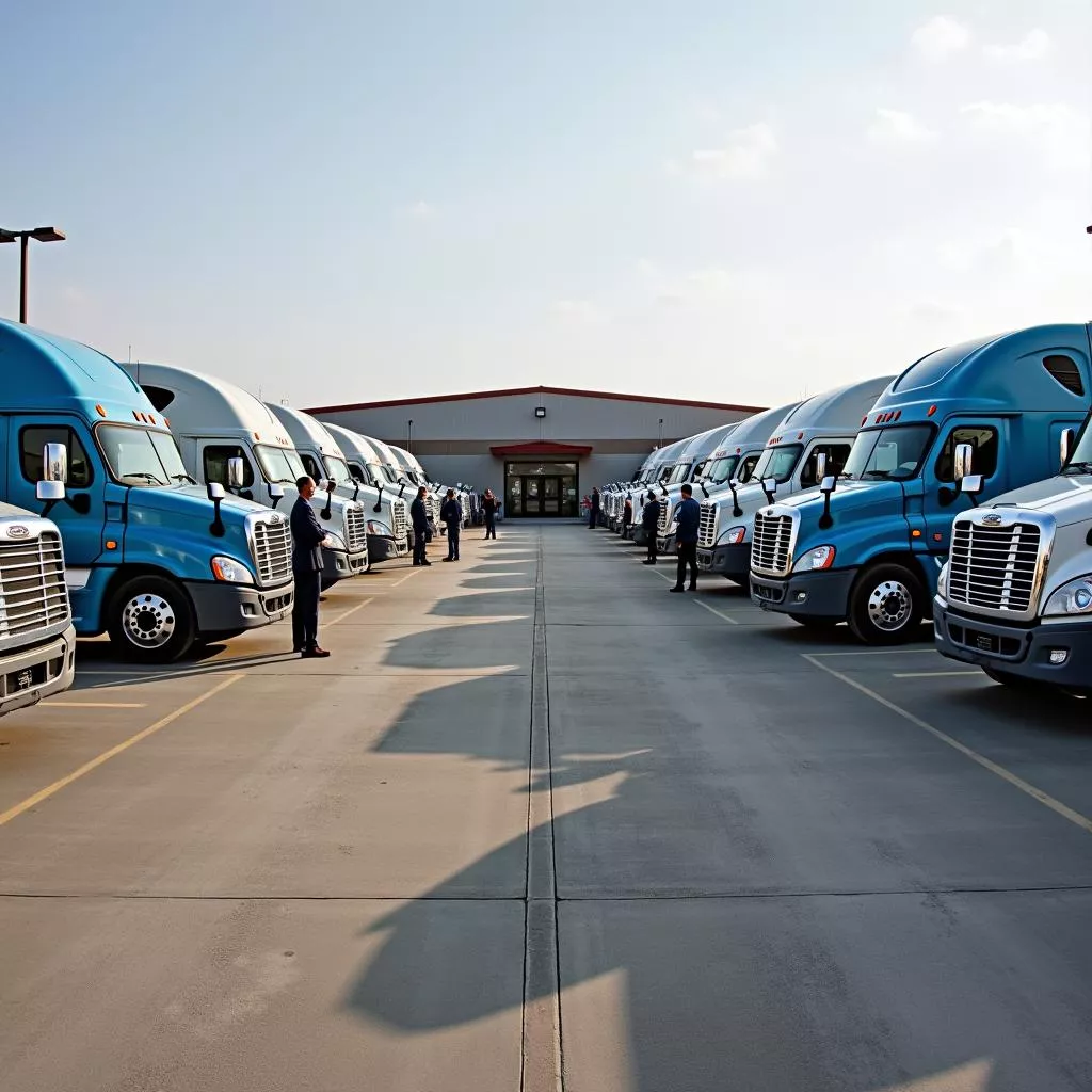 Truck driving training center with many trucks parked