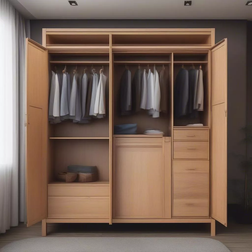 Hình ảnh tủ áo gỗ căm xe được đặt trong một căn phòng, thể hiện sự hài hòa về phong thủy