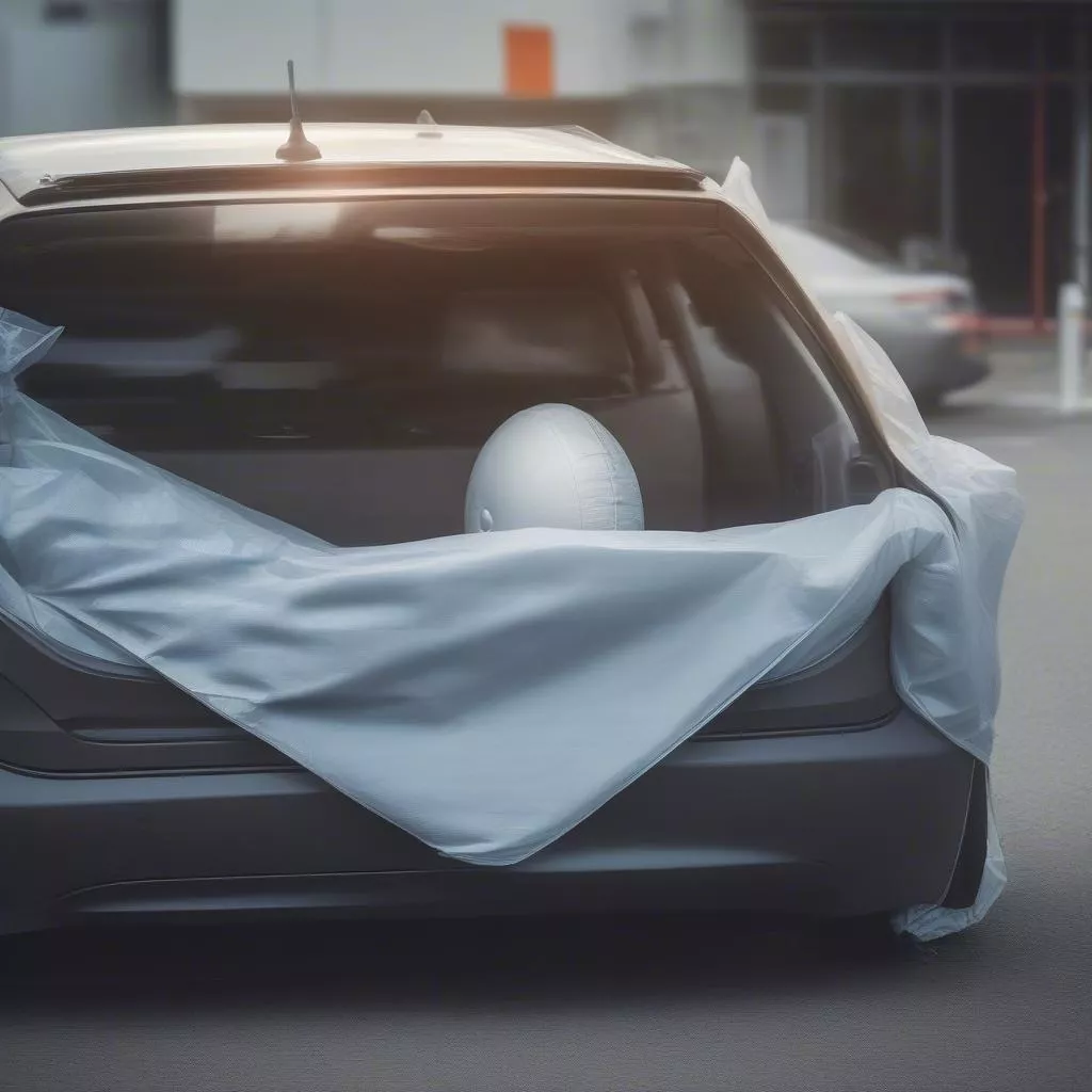 Deployed airbag in a car