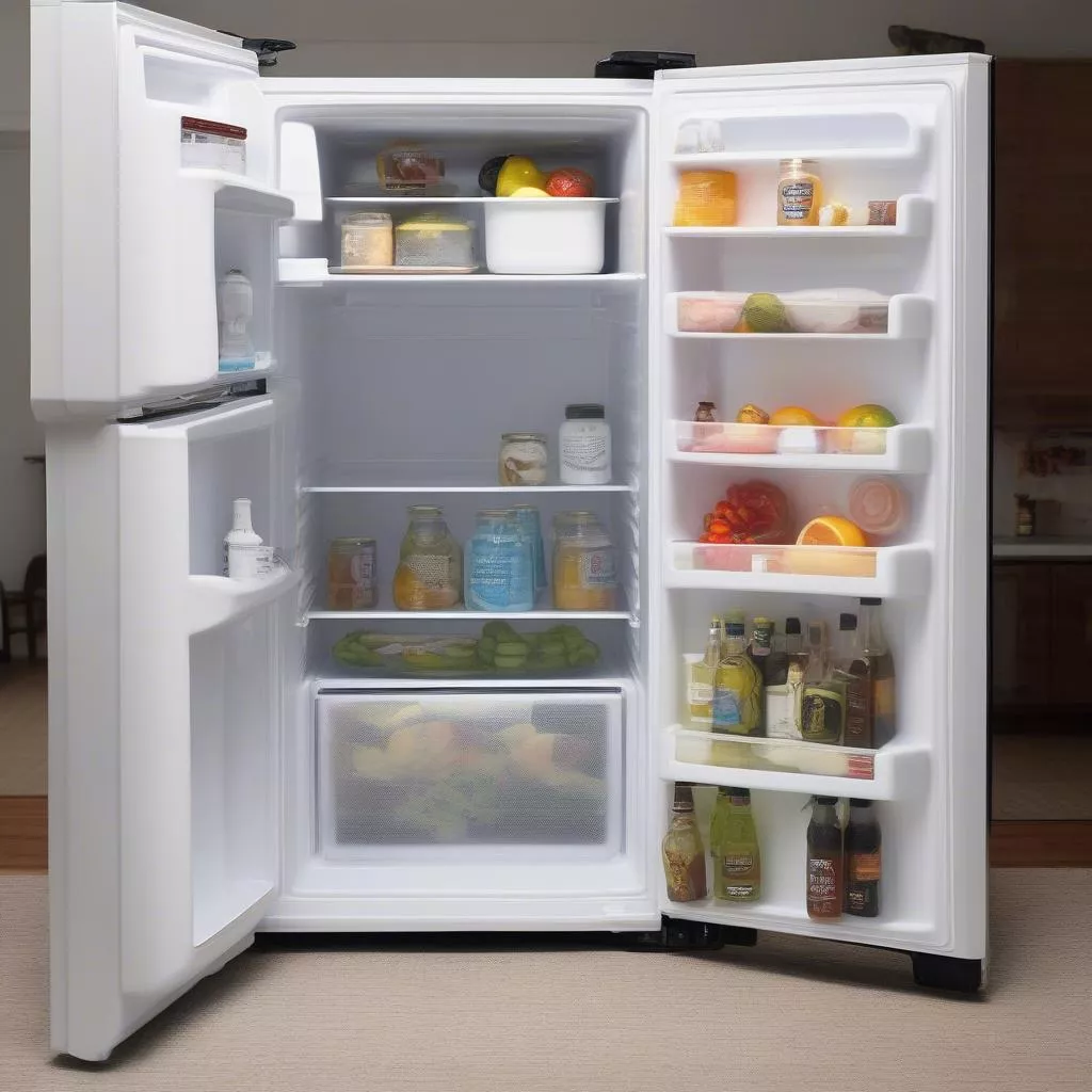 Portable car fridge plugged into a car's cigarette lighter