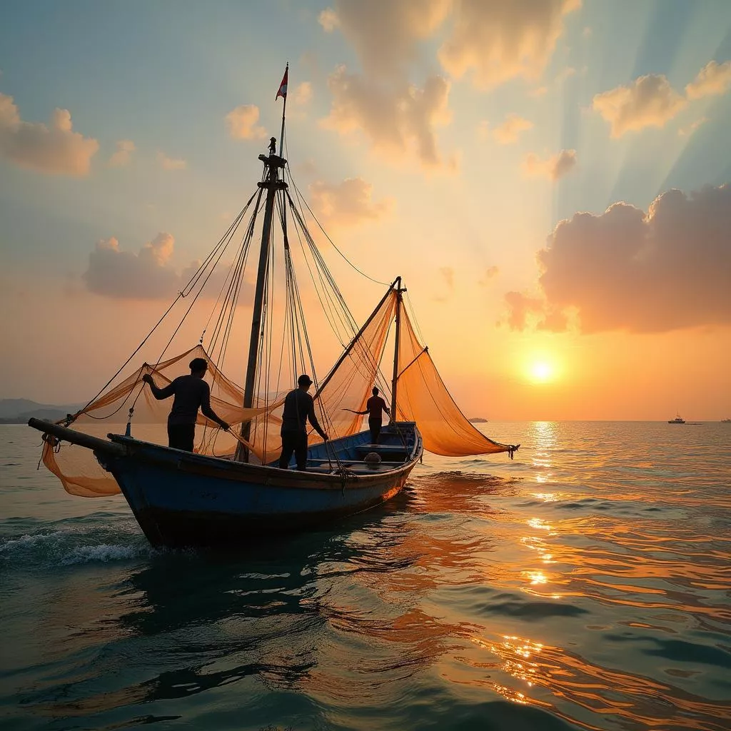 海上で漁をする漁船