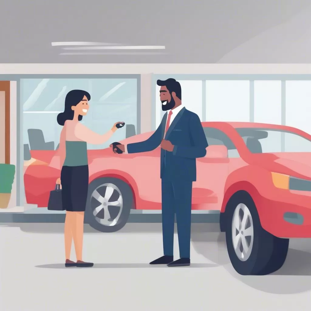 Salesperson and customer reviewing paperwork in a car dealership