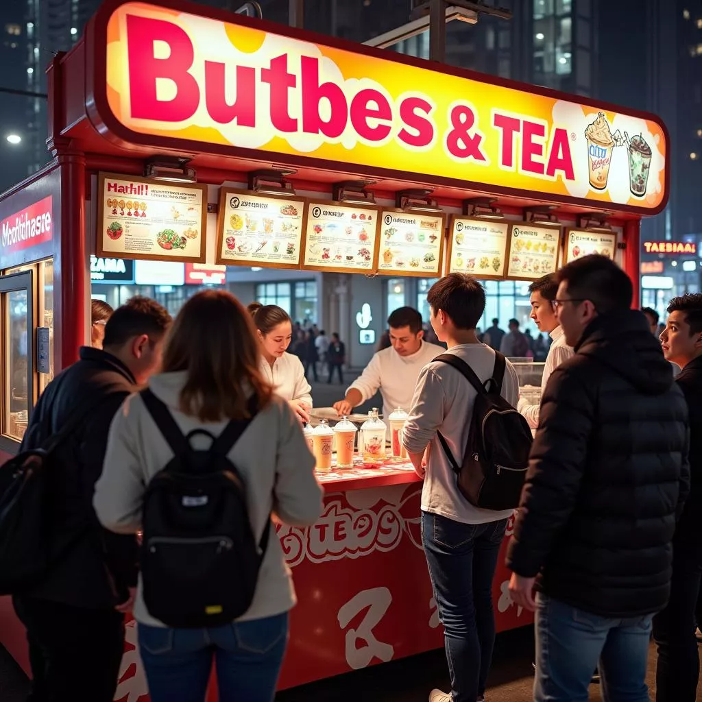 ग्राहकों से भरी बबल टी वैन