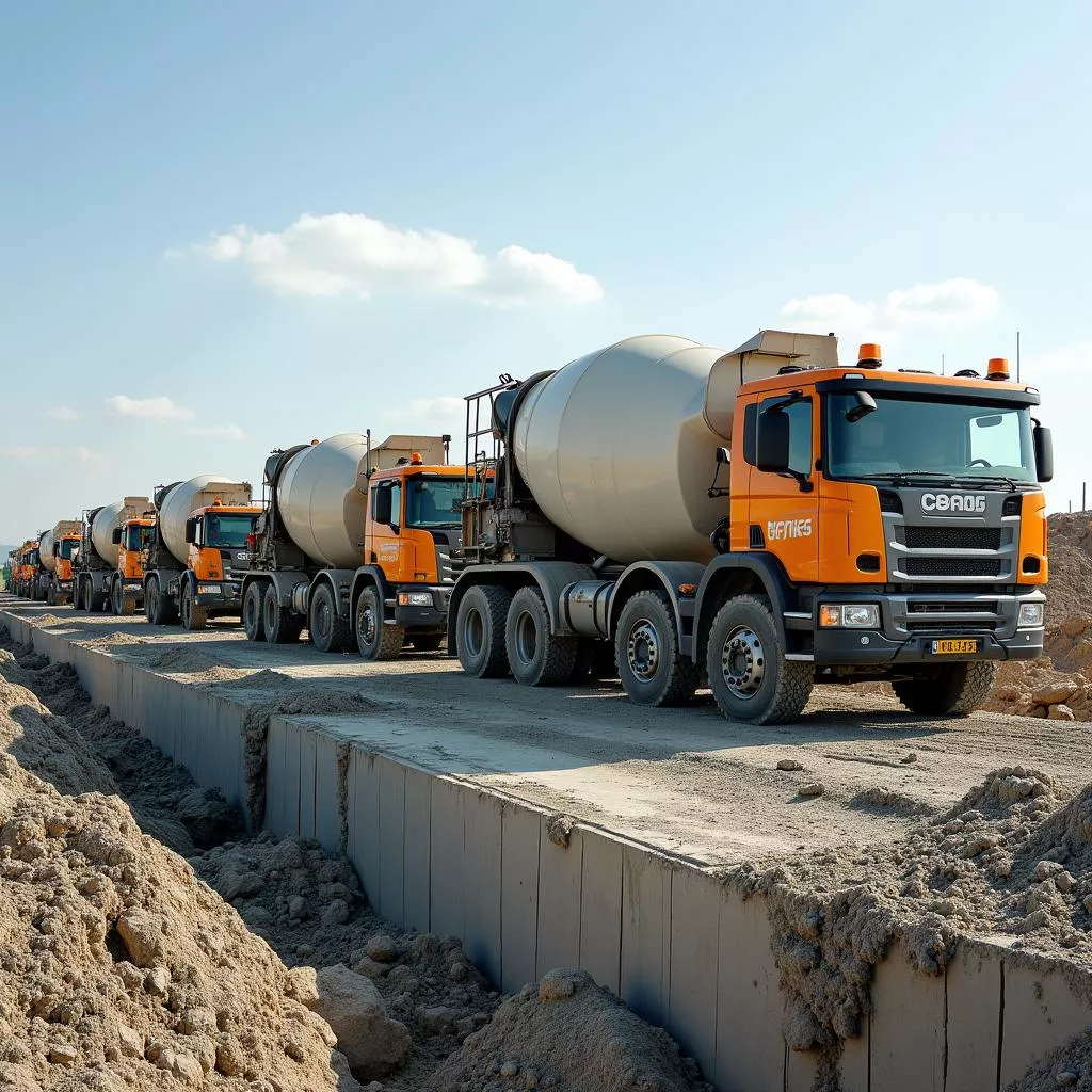 Xe bồn chở bê tông thi công công trình lớn
