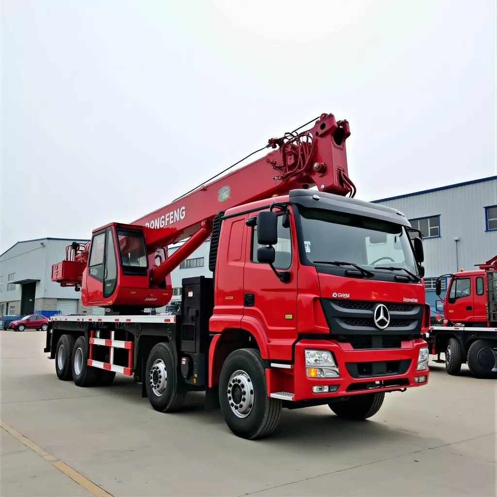 赤いDongfeng製クレーン車