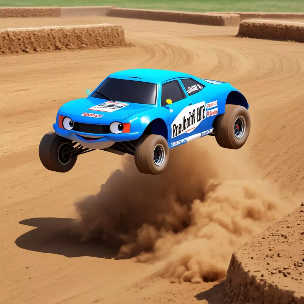 Mobil balap kartun biru sedang melewati rintangan