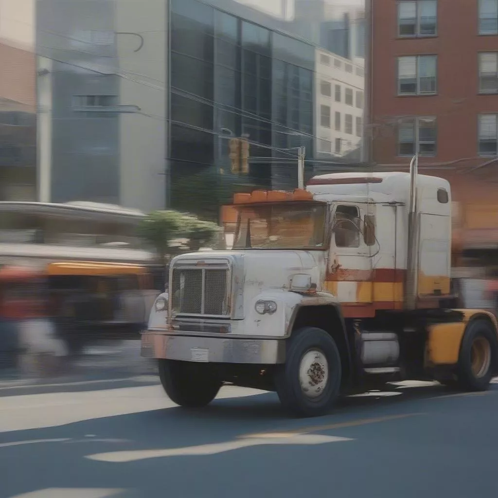 Xe tải 3 tấn di chuyển trên đường phố