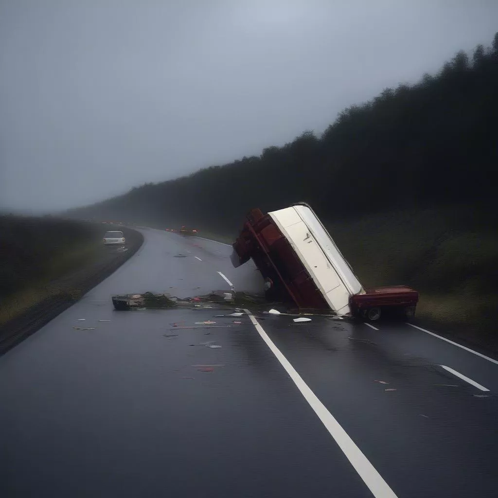 Xe tải bị lật trên đường