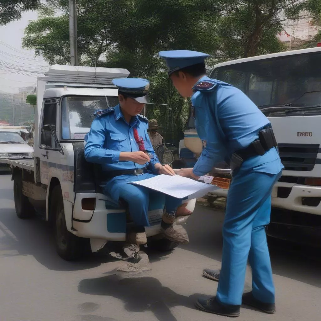 Truck receiving a traffic violation ticket