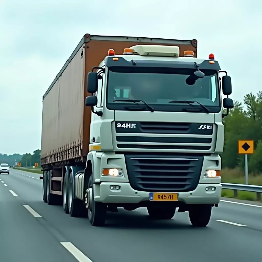一辆悬挂94H1车牌号的卡车正在运送货物