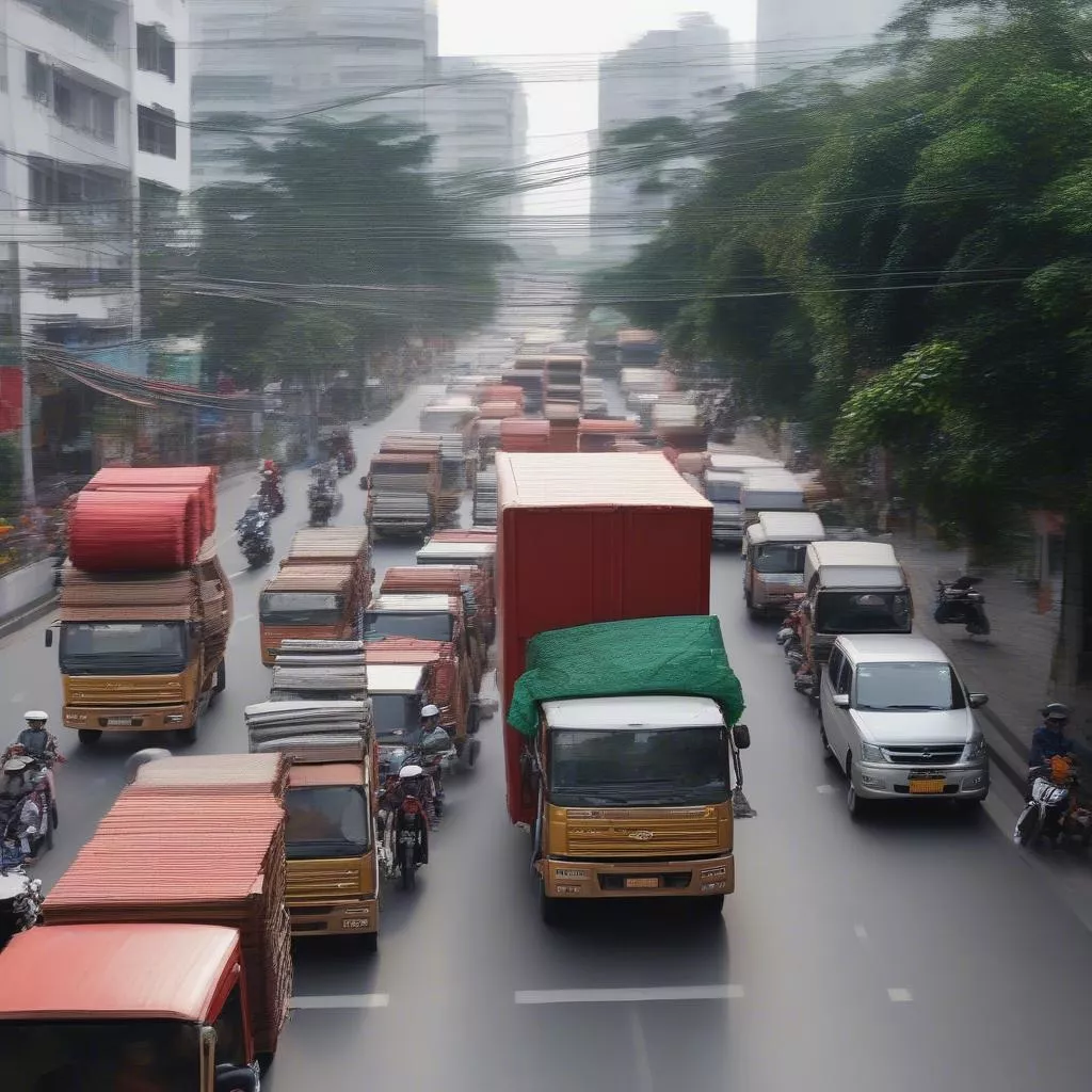 Trucks on Nguyen Van Linh Street in Hanoi