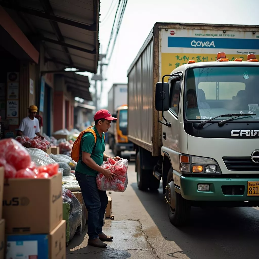Xe tải chở hàng tại chợ An Sương