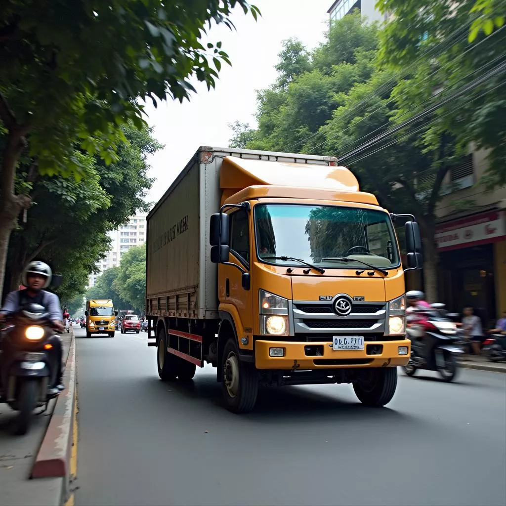 Truck navigating a narrow street