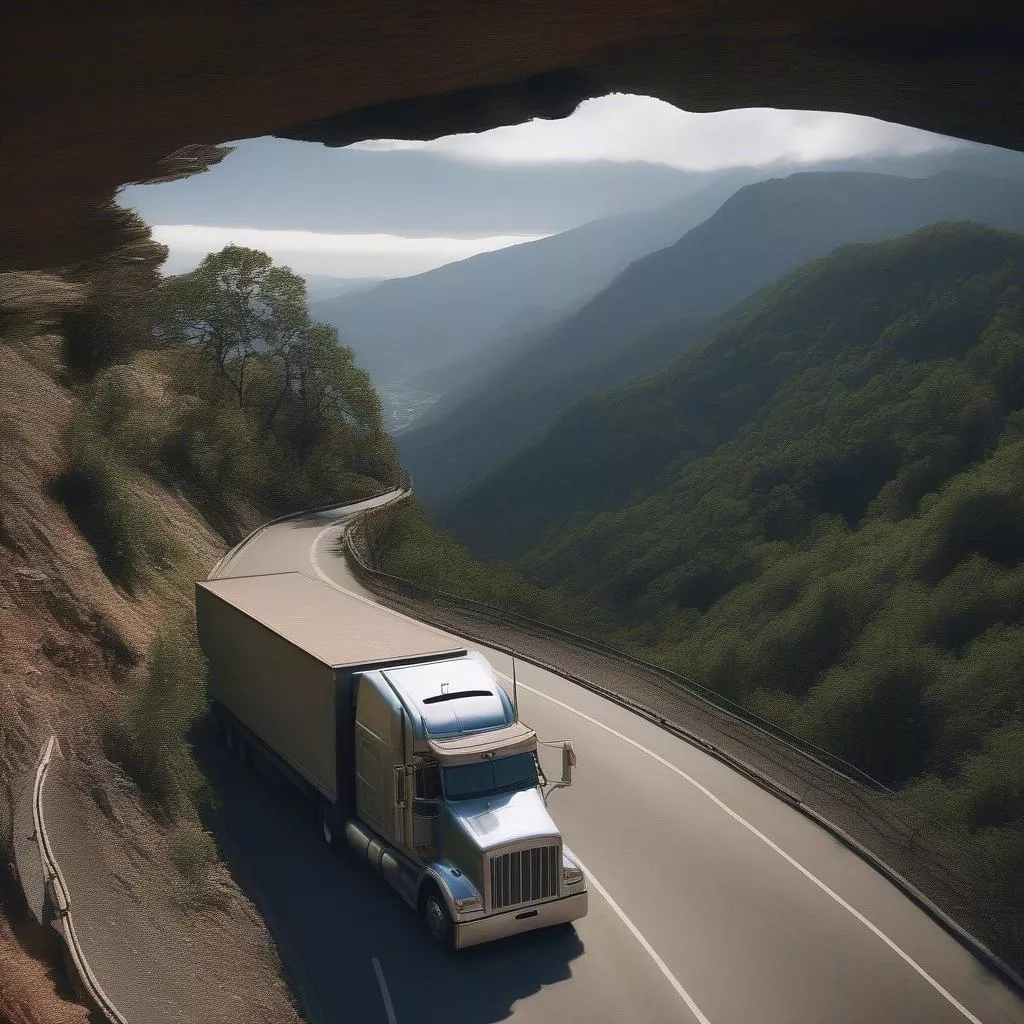 Truck navigating a winding mountain road