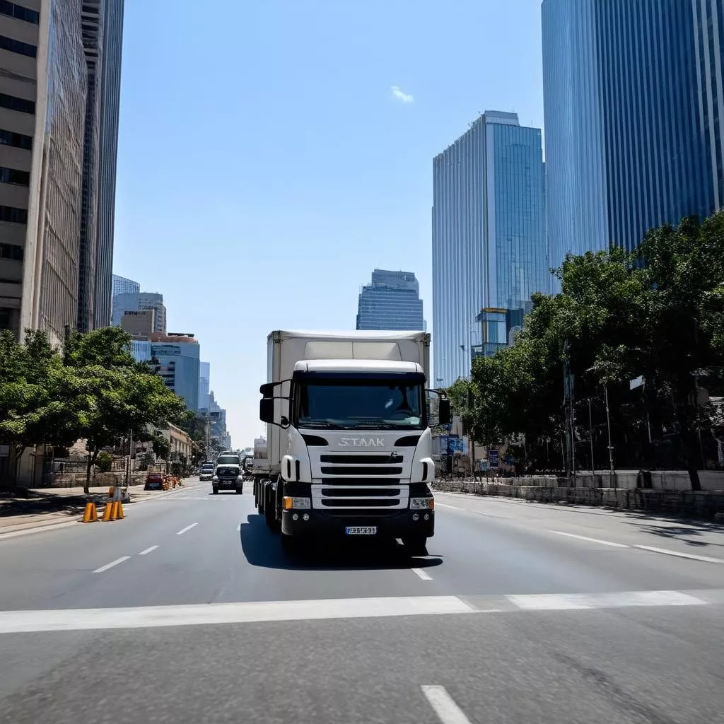 Truck driving on a city street