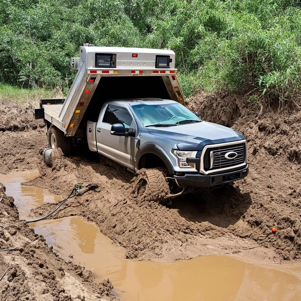 Xe tải được cứu hộ bởi tời cuộn