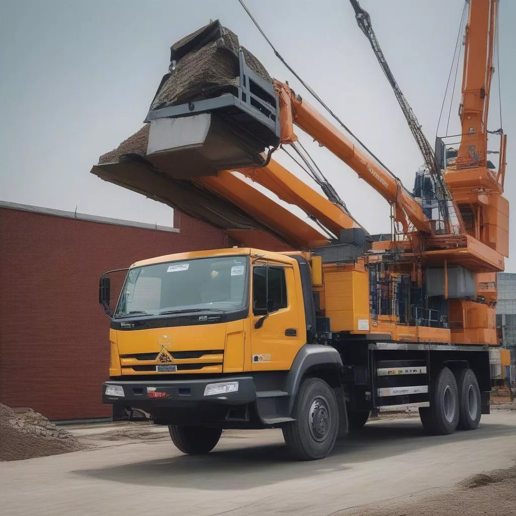 Xe tải gắn cẩu Soosan 15 tấn tại công trình xây dựng