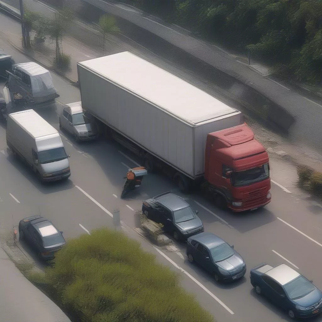 Truck blocking a lane of traffic, causing congestion