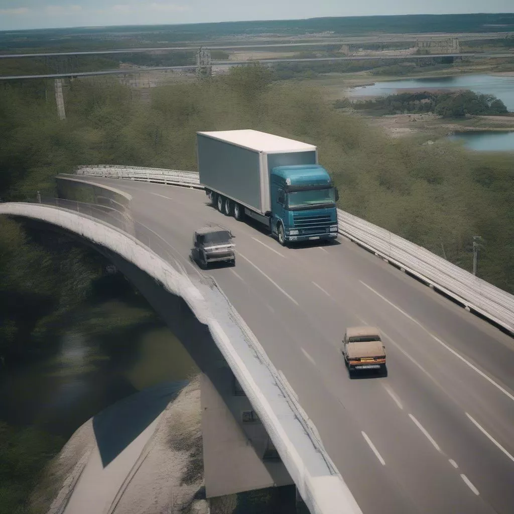 Truck climbing the Thanh Tri Bridge
