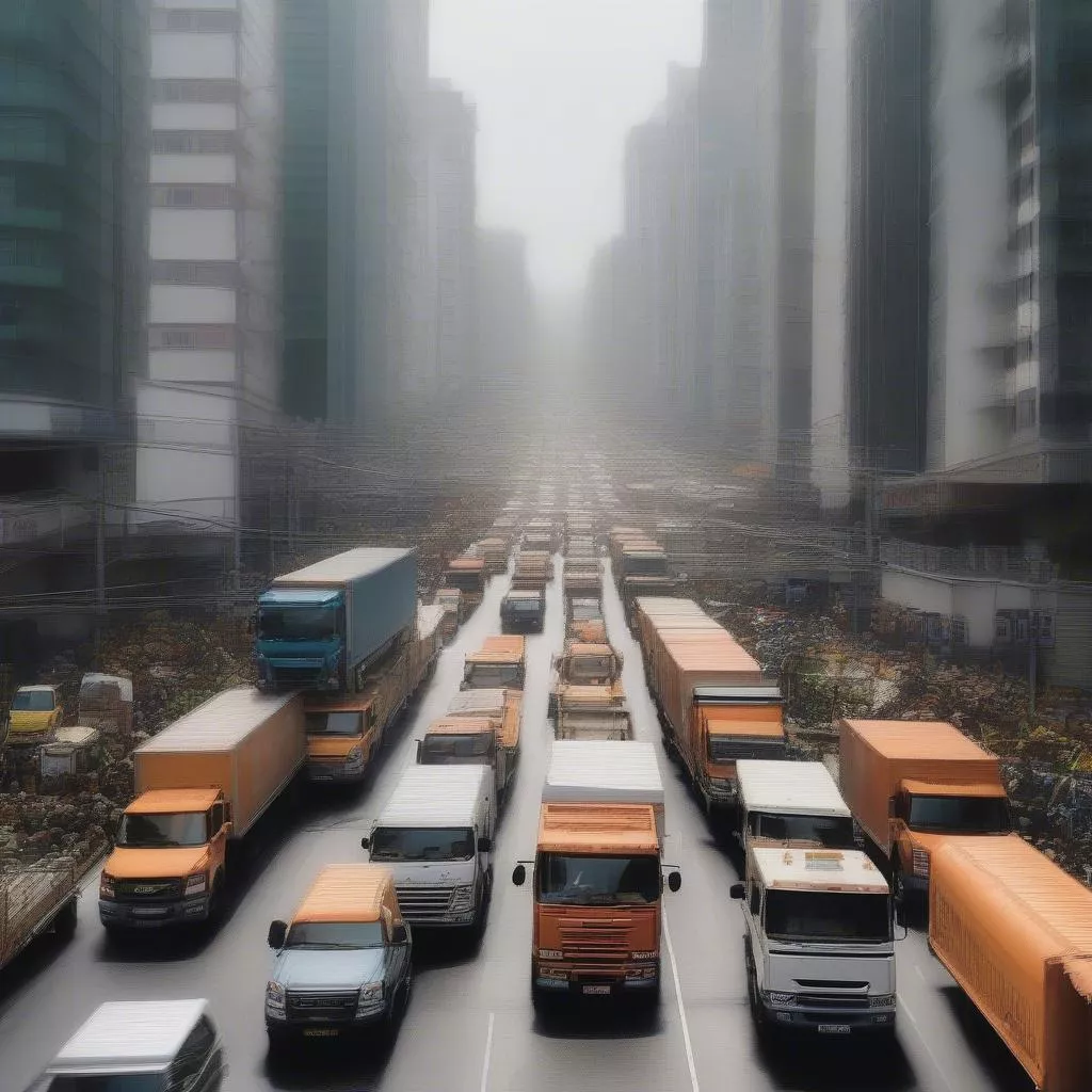 Truck stuck in city traffic