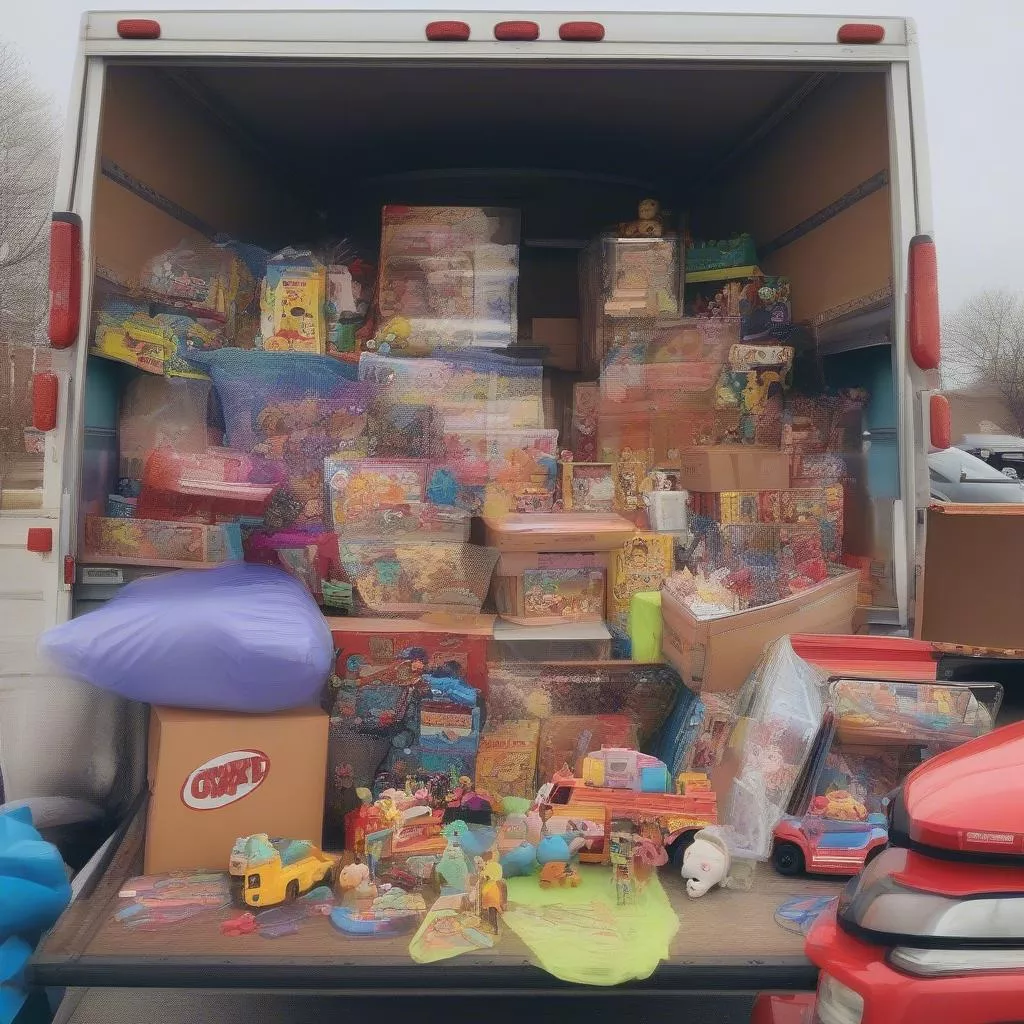Hình ảnh xe tải thùng kín chở đầy đồ chơi