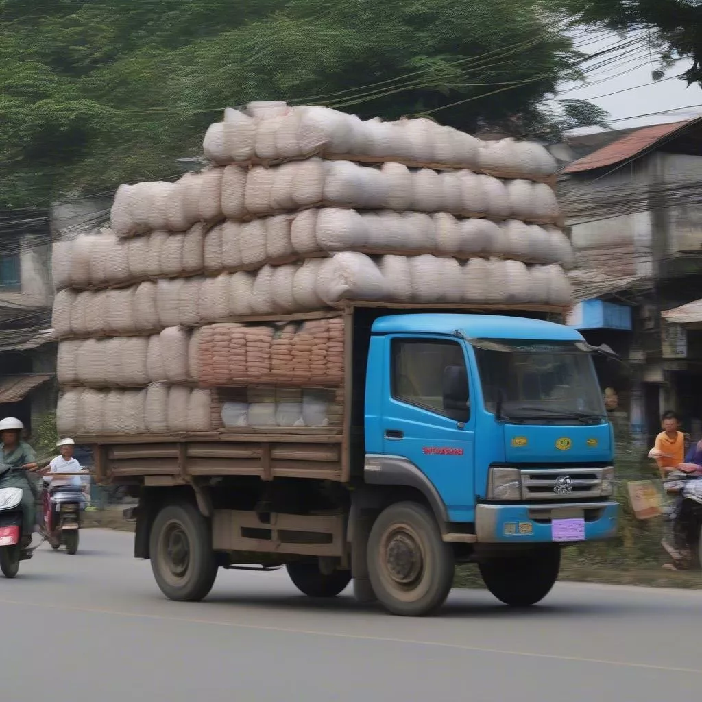 Camião médio transportando mercadorias para a área suburbana de Hanói