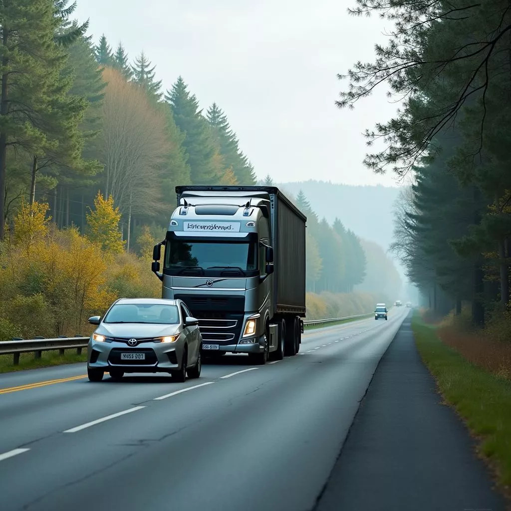 पीली बिंदीदार सड़क चिह्नक वाली संकीर्ण सड़क पर ट्रक ओवरटेक कर रहा है