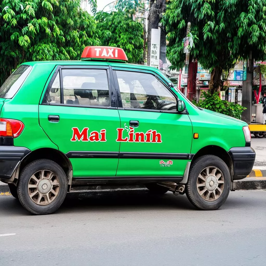 Xe taxi Mai Linh màu xanh lá cây đặc trưng đang dừng đỗ