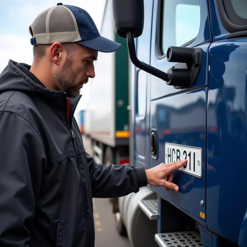 Truck driver inspecting a license plate