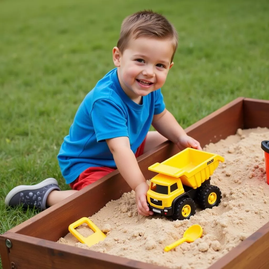 Boy playing with a toy excavator
