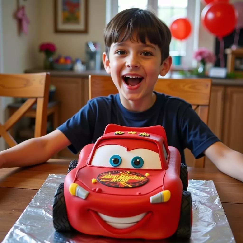 Boy celebrating birthday with a Lightning McQueen cake