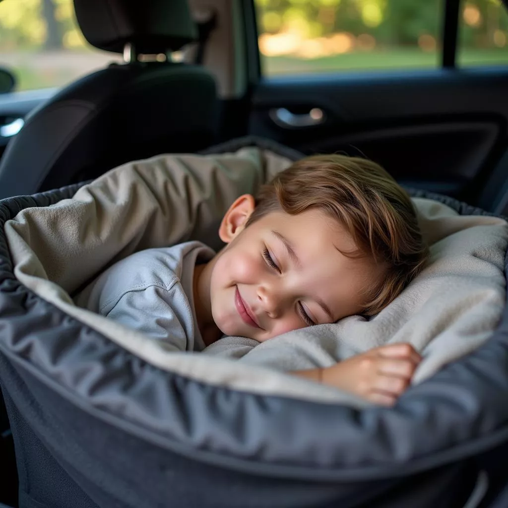 Bé trai nằm ngủ trên giường ô tô