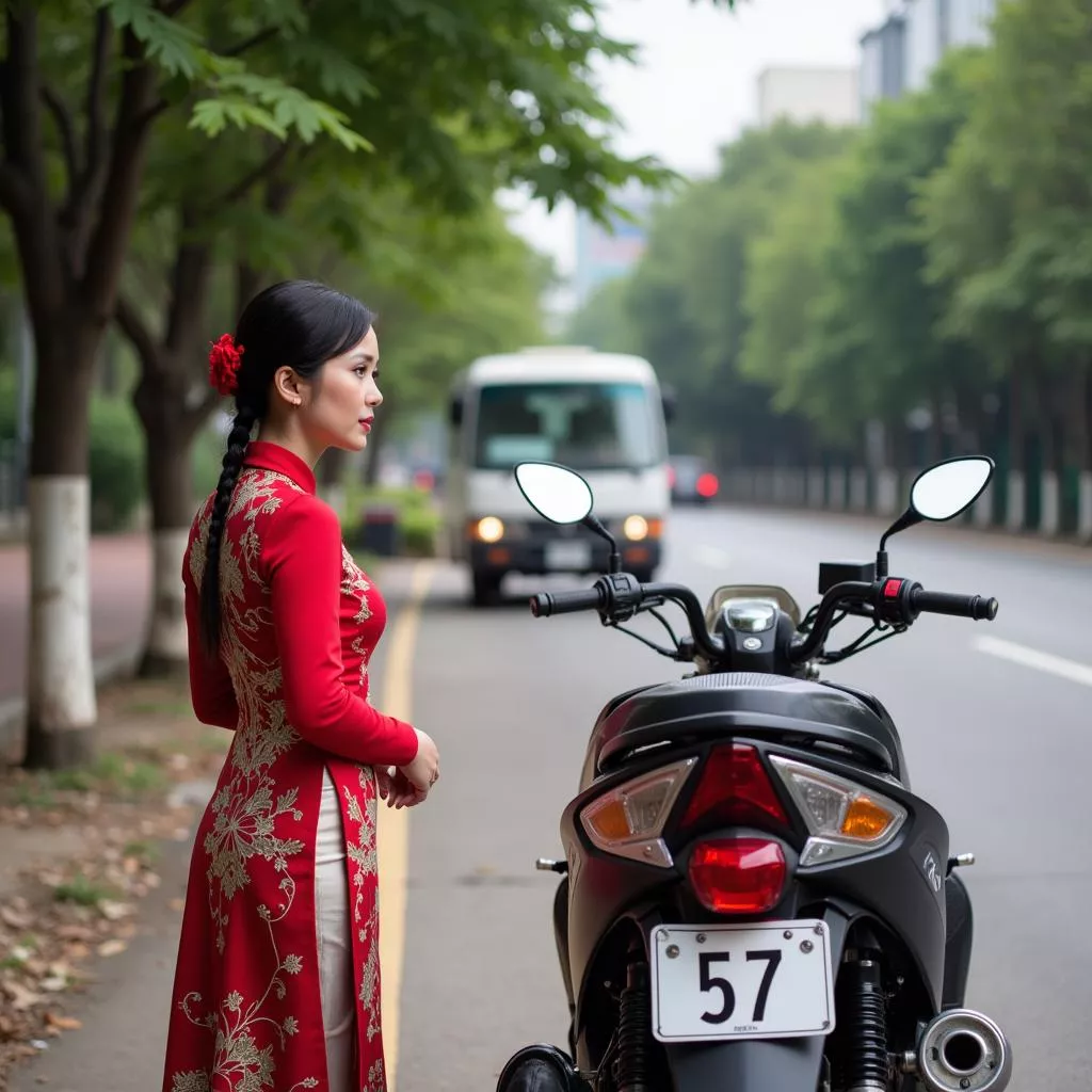 A woman examining a motorbike with license plate 57
