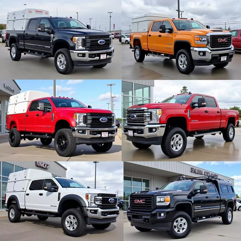 Various 3.5 ton 4x4 trucks displayed at a dealership