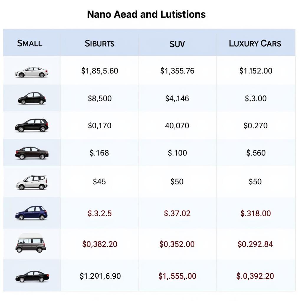 Tabela de preços de revestimento nano por tipo de carro