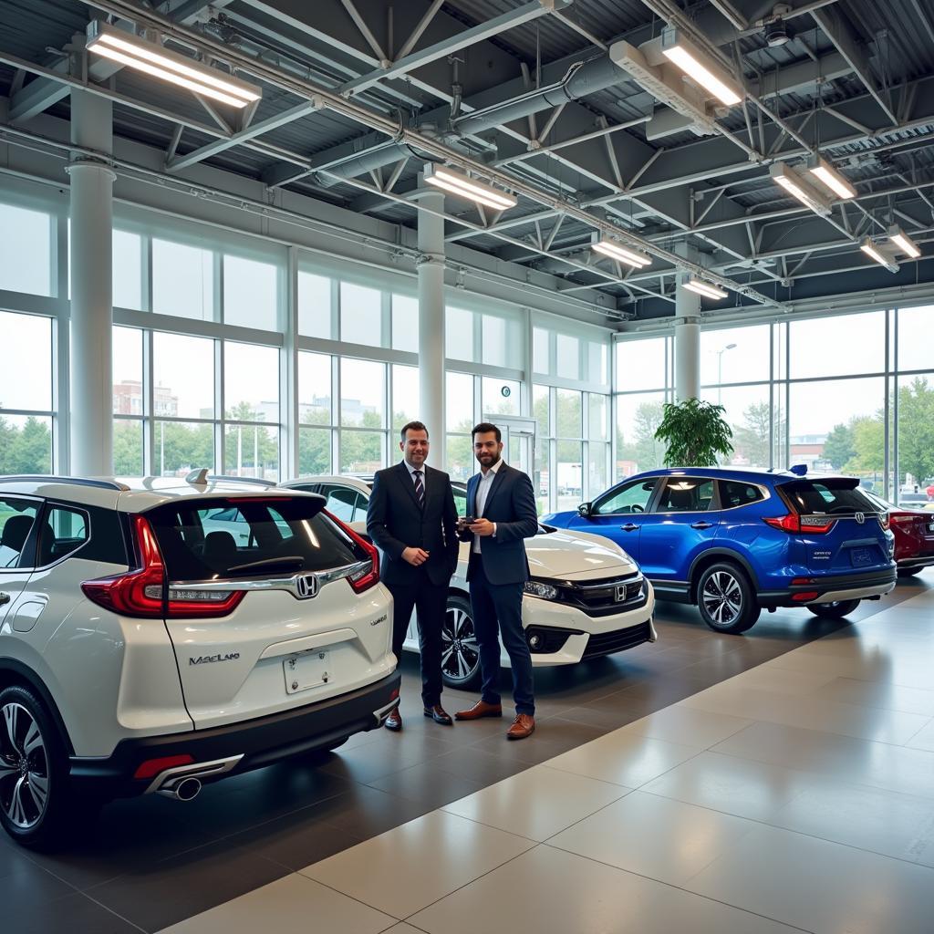 Hình ảnh đại lý Honda uy tín với không gian trưng bày xe rộng rãi, hiện đại và đội ngũ nhân viên tư vấn chuyên nghiệp.