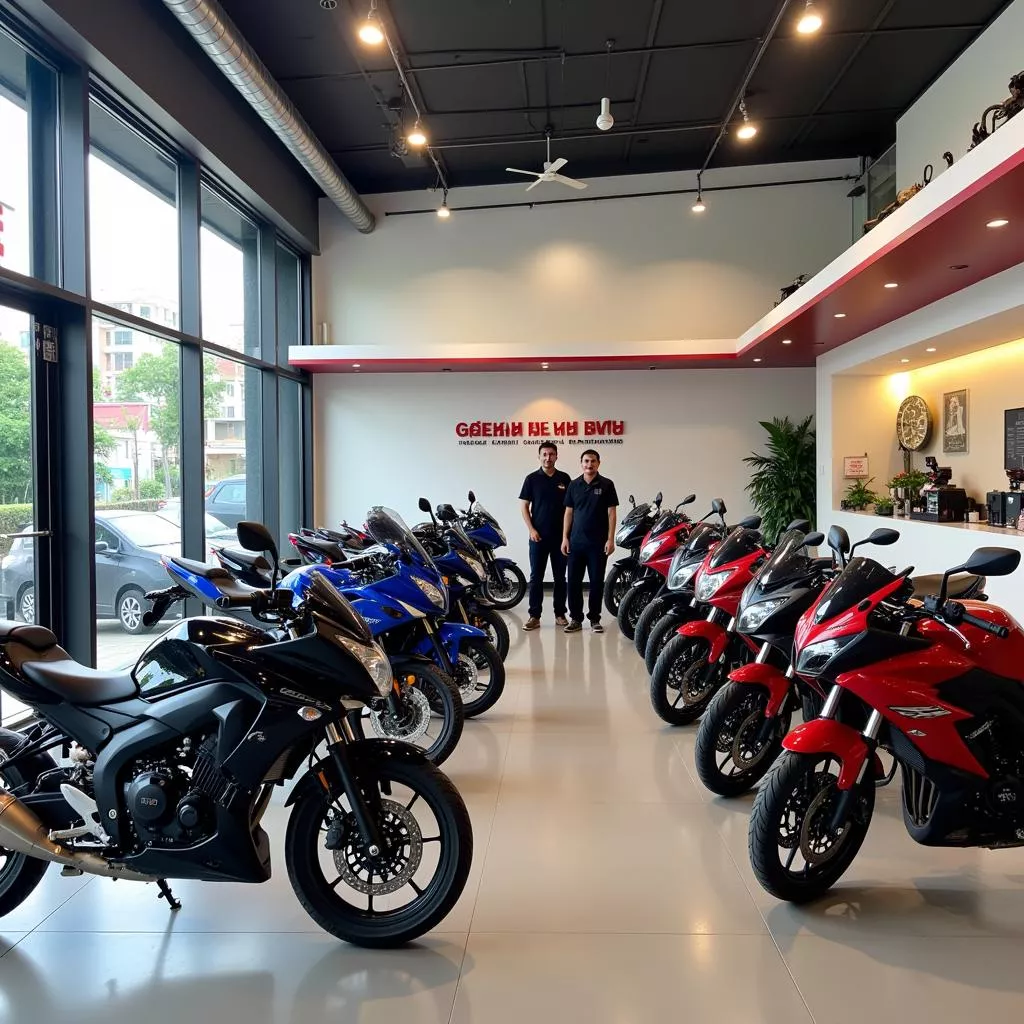 A Suzuki dealership in Hanoi with various motorcycles on display