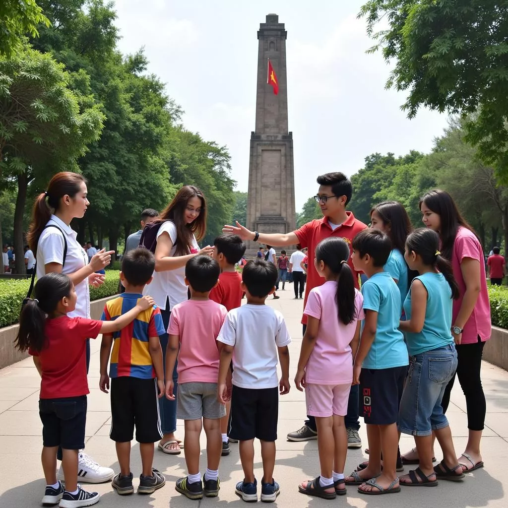 Hình ảnh đoàn viên thanh niên và các em nhỏ tham quan di tích lịch sử