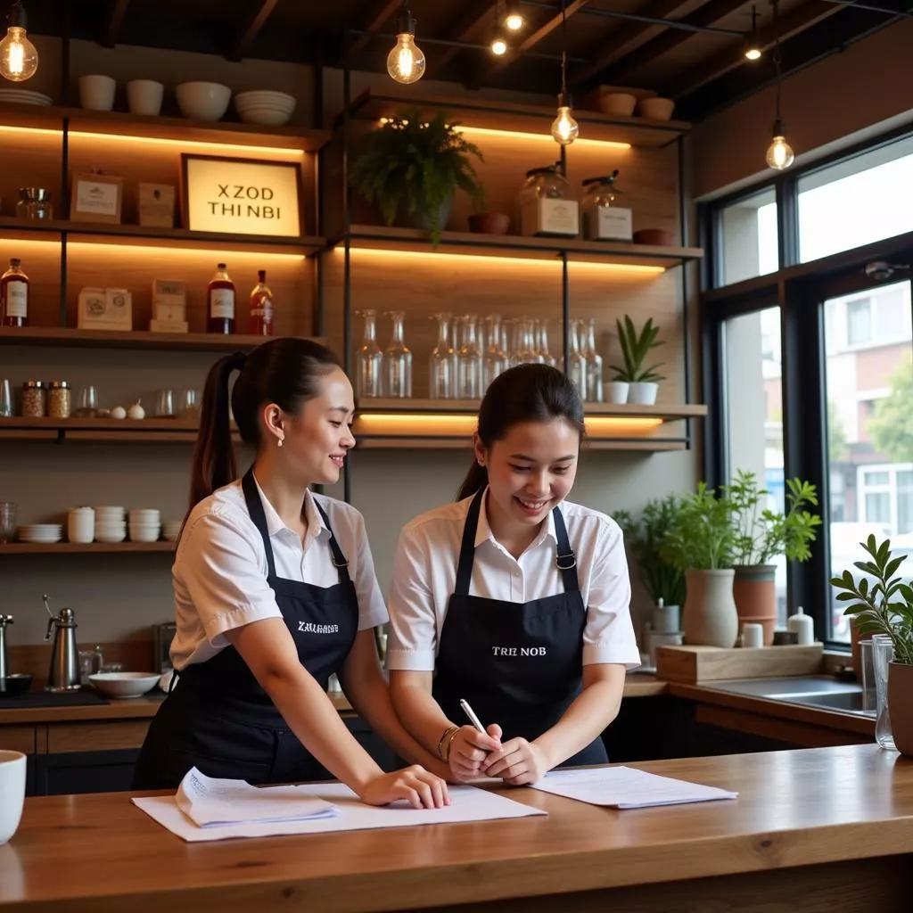 एक्सई ताई हा नोई के कर्मचारी ग्राहकों को सलाह देते हुए