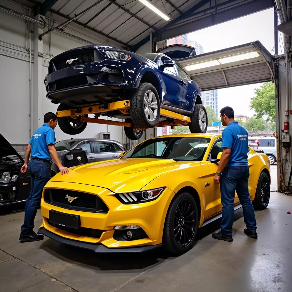 Ford Mustang 2015 màu vàng được bảo dưỡng tại gara