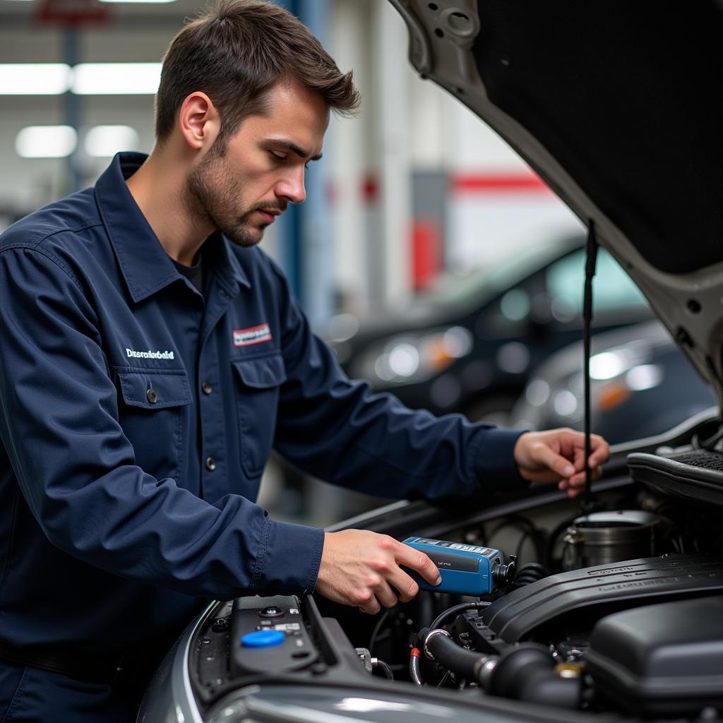 Kỹ thuật viên chuyên nghiệp tại garage ô tô Trung Kiên đang kiểm tra xe